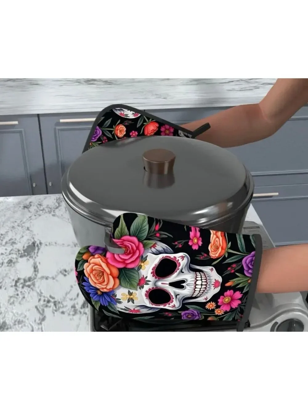 New - 2pcs Floral Skull - Oven Mitts and Pot Holders Set